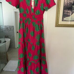 Anthropologie Red and Green Floral Maxi Dress